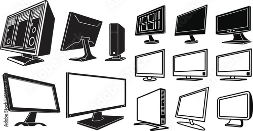 Black Line Monitor Icons Set including Flat Display Computer Screen and Technology Symbol Collection with Minimal Monitor Icon Group for UI Web Office Electronics and Digital Projects