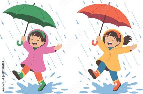 Two Children Playing in Rain with Umbrellas girl