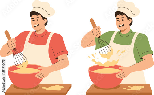 Chef Whisking Batter in Red Bowl with Splashes Illustration