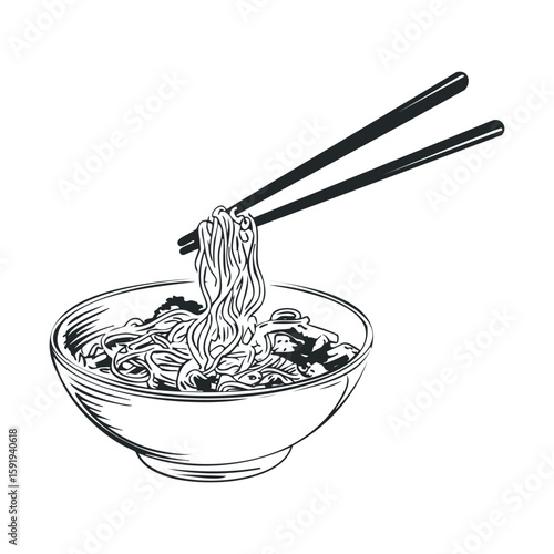 Delicious bowl of noodles with chopsticks for Asian feast
