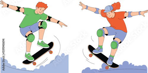 Two Skateboarders in Action Jumping Over Blue Cloud Shapes Illustration