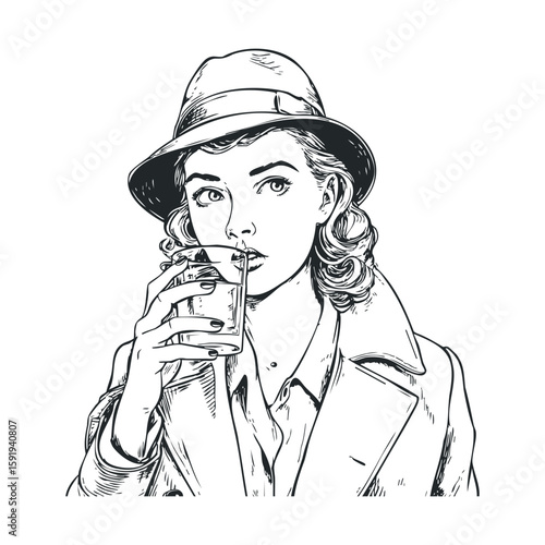 Vintage woman with a drink in stylish hat and coat