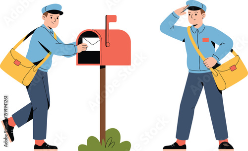 Mailman with mailbox and salute illustration in flat design style