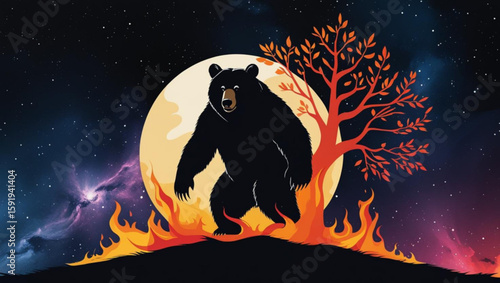  Black Bear Walking Through Fire Under a Full Moon and Cosmic Sky