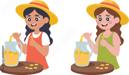 Two Girls with Lemonade Pitchers and Coins on a Brown Table Illustration