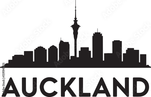Auckland City Skyline Silhouette with Sky Tower on Transparent Background for Travel and Tourism Designs