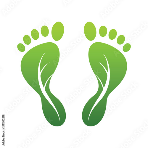Green footprint graphic with leaf veins on white background feet leaves