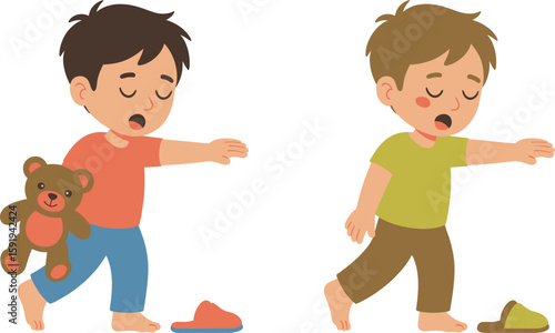 Two Sleepwalking Children Reaching Out With Closed Eyes And Slippers