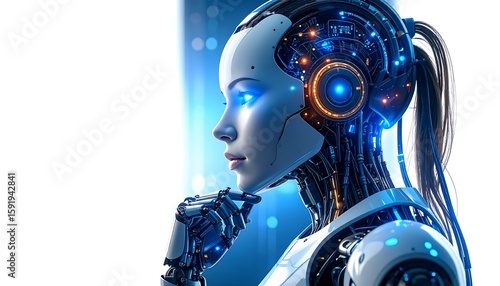 Wallpaper Mural Female robot profile, thoughtful expression, glowing blue accents Torontodigital.ca