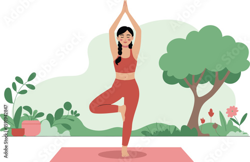 Woman in red yoga outfit balancing in tree pose on a pink mat