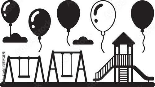 Playground Fun – Swings, Playground, Balloons, and Clouds in Black and White
