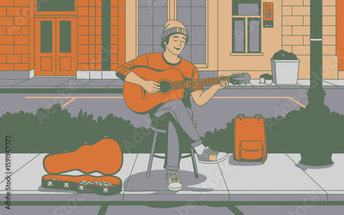 Street Musician Playing Guitar with Case and Backpack Illustration