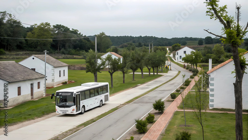 White bus driving on road in rural area with white houses and trees transportation travel destination