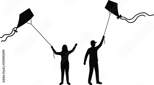 Kite Flying Adventure, Friends Enjoying Outdoors, Open Field, Vector Illustration, Joyful Atmosphere