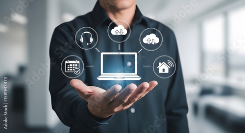 A business professional presenting digital cloud solutions and remote work capabilities with laptop, calendar, headset, and smart home connectivity for efficiency.