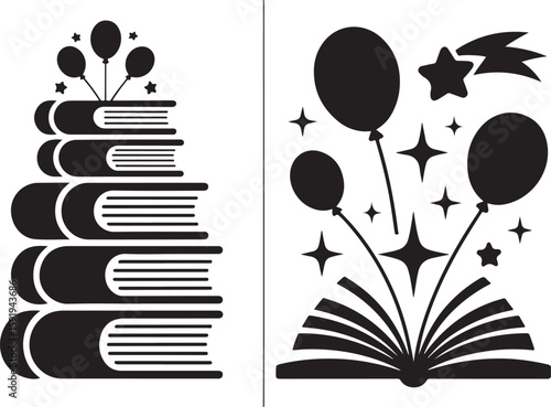 Books and Magical Balloons – Educational and Celebration Icons in Black and White