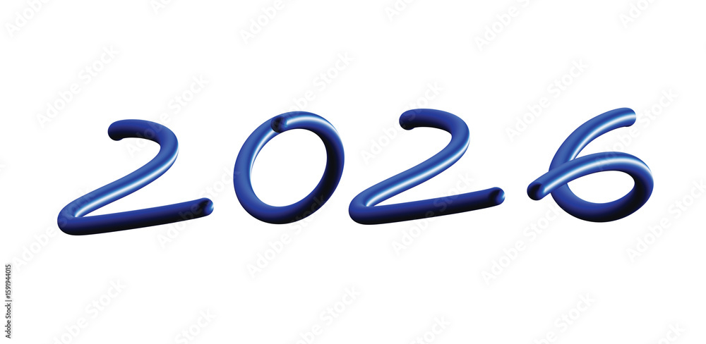Fototapeta premium 2026 Handwritten 3D Text in Glossy Blue. Playful Typography. Transparent PNG.