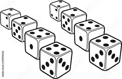 Black Line Rolling Dice Icons Set including Flat Game Gambling Luck Chance and Casino Symbol Collection with Minimal Dice Icon Group for UI Web Entertainment Risk and Board Game Projects
