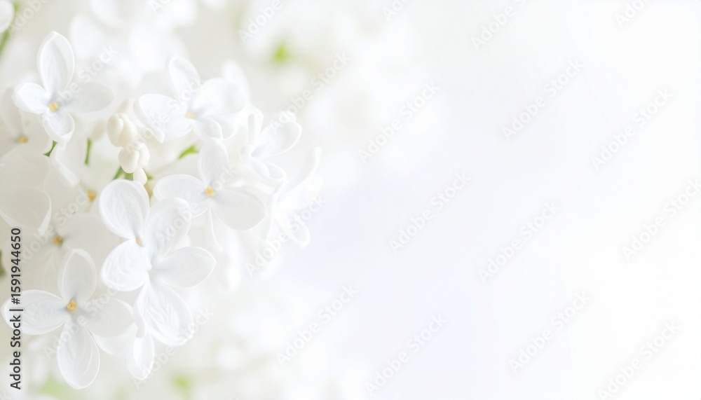 Fototapeta premium white lilac flowers on blurred light background, delicate white minimalistic floral template with copy space