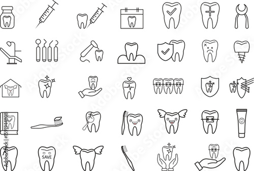 Dental care vector icon set in thin line style featuring dental health, dentist tools, braces, implants, toothpaste, chair, and black and white kit