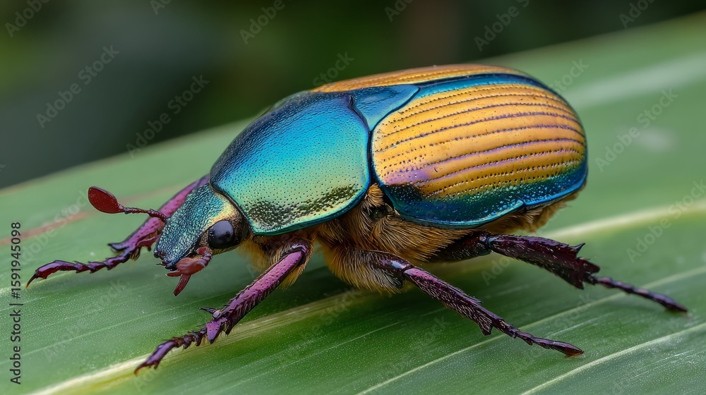 A vibrant shiny beetle rests on a broad green leaf featuring a striking color gradient from blue to gold with detailed legs A vibrant shiny beetle rests on a broad green leaf featuring a striking color gradient from blue to gold with detailed legs