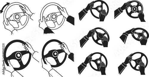 Black Line Steering Wheel Icons Set including Flat Car Drive Control Vehicle and Automotive Symbol Collection with Minimal Steering Icon Group for UI Web Transport Navigation and Driving Projects