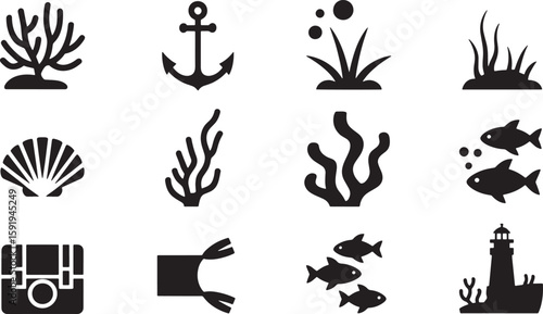 Underwater World Vector Icons Set Silhouette Style Featuring Marine Life, Anchor, Coral, Fish, and Treasure Chest