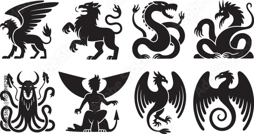 Silhouette Mythical Creatures Collection Featuring Griffin, Dragon, and Hydra Illustrations