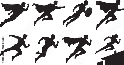 Superhero Silhouette Collection in Dynamic Flying Poses on Transparent Background for Comic Book Style