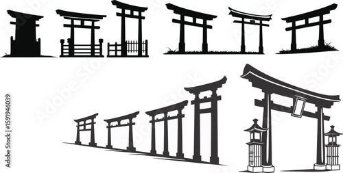 Black Line Torii Gate Icons Set including Flat Japanese Shrine Architecture Spiritual and Cultural Symbol Collection with Minimal Torii Icon Group for UI Web Heritage and Tradition Design Projects
