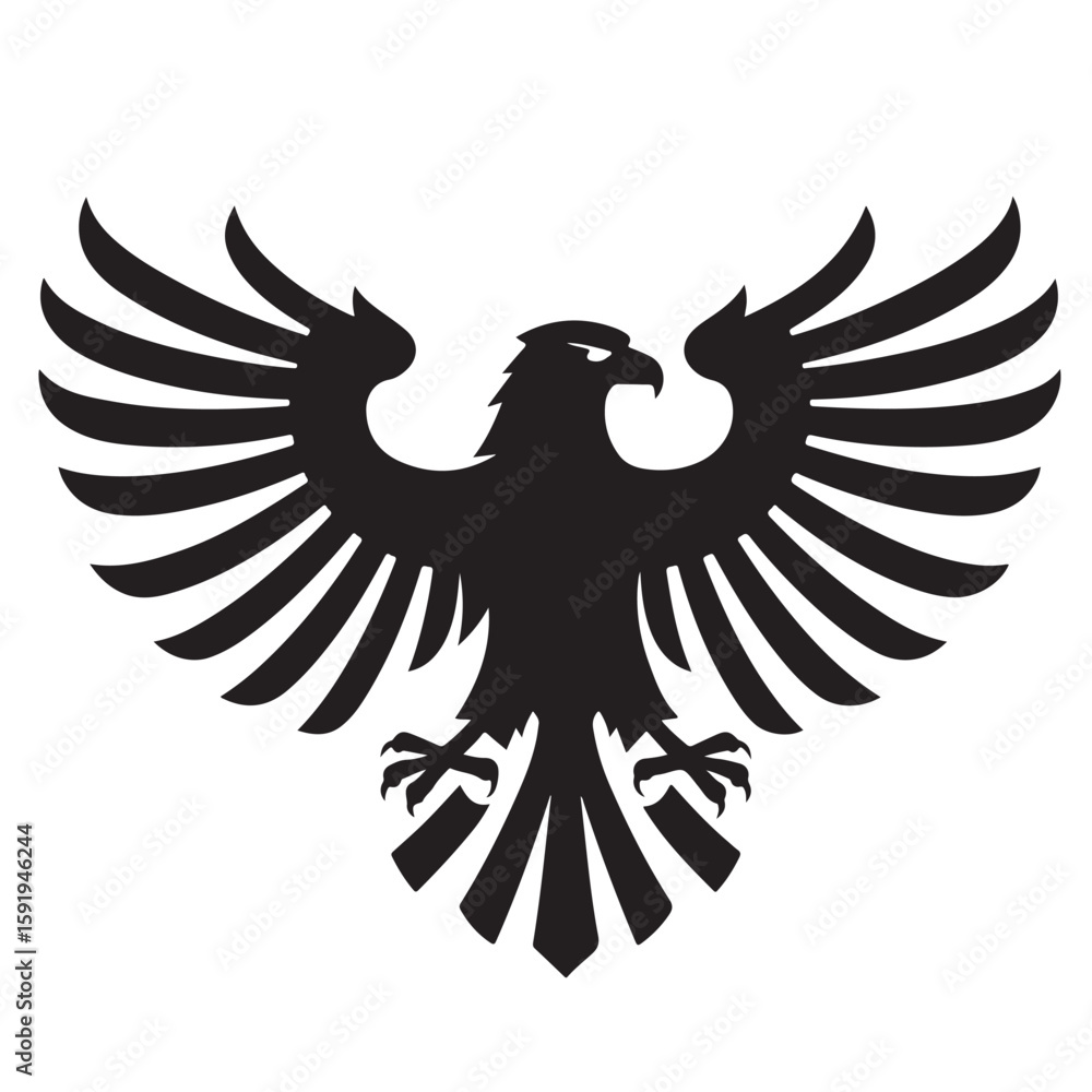 Obraz premium A striking black and white silhouette of an eagle with outstretched wings in a heraldic style design