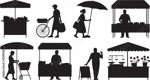 Silhouette Farmers Market Scene with People Shopping and Selling Produce at Stalls on Transparent Background