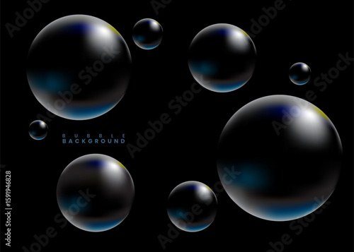 Dark abstract background featuring glossy black bubbles with subtle reflections and hints of blue and yellow light, creating a futuristic and elegant visual.