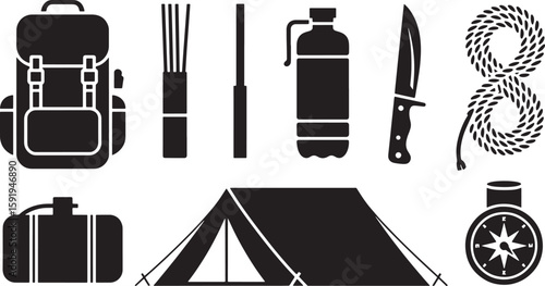 Camping and Outdoor Gear Silhouette Collection on Transparent Background for Adventure and Exploration