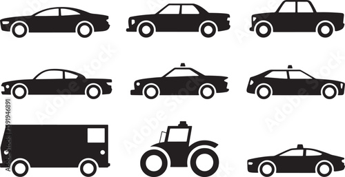 Car Silhouette Vector Icons Set Featuring Various Vehicle Types for Transportation and Automotive Design