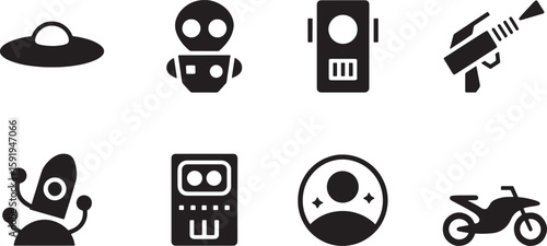 Collection of Space and Technology Icons Featuring UFOs, Robots, and Futuristic Gadgets in Black Silhouette