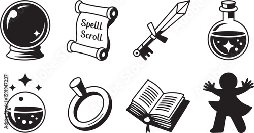 Enchanting RPG Game Icons Vector Set Featuring Magic Items, Potions, Scrolls, Swords, and Mystical Artifacts