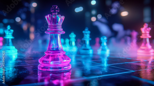 Glowing neon chess pieces set on a reflective surface in a vibrant, futuristic atmosphere
