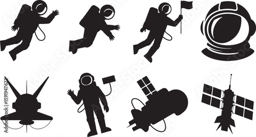Astronauts and Spacecraft Silhouettes Floating on a Transparent Background for Space Exploration Designs