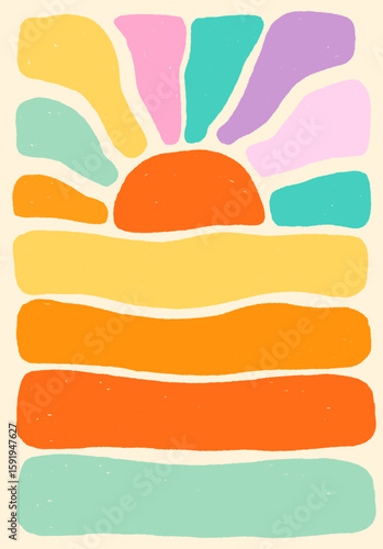 Cute and colorful summer vector sun background, groovy holiday boho beach poster, flyer, brochure or wallpaper