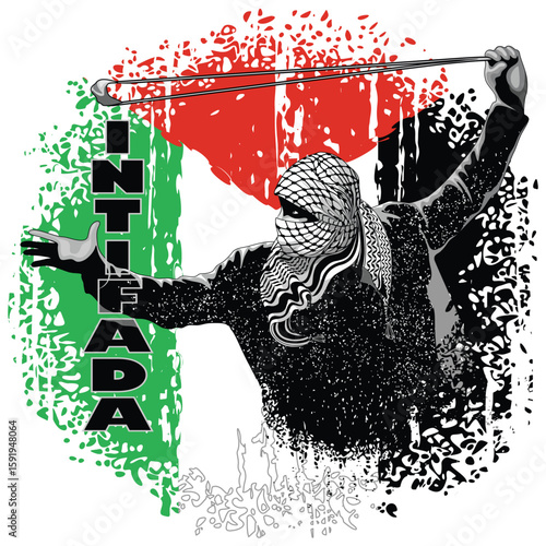 Freedom Fighter Resistance Intifada on Grunge Palestinian Flag Conceptual Freedom Vecto Design Logo
