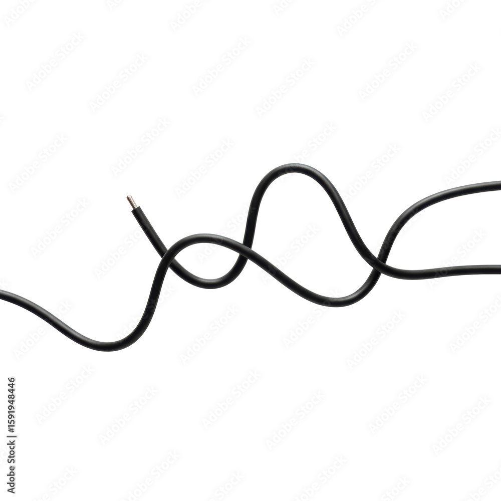Sleek black electrical cable with smooth matte finish, forming graceful organic curves and an abstract wavy line, shot top-down on a pristine transparent background with diffused lighting, concept of Sleek black electrical cable with smooth matte finish, forming graceful organic curves and an abstract wavy line, shot top-down on a pristine transparent background with diffused lighting, concept of