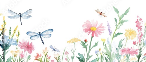 Fototapeta Naklejka Na Ścianę i Meble -  A whimsical watercolor border of delicate pastel flowers and dragonflies