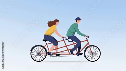 Young Couple Riding Bicycle Together on White Background in Casual Clothing