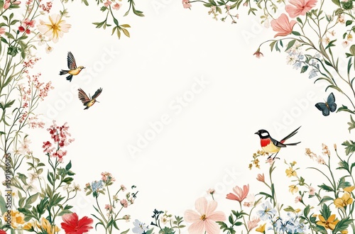 Wallpaper Mural A white background with an elegant floral border featuring birds, butterflies, and flowers  Torontodigital.ca
