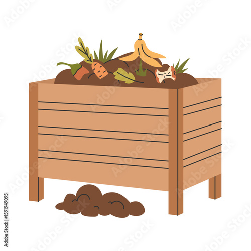 Compost bin with organic kitchen waste. Wooden garden container filled with fruit and vegetable scraps for sustainable recycling and composting. Vector illustration.