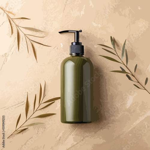 Olive Green Lotion Bottle Mockup with Pump on Textured Beige Background