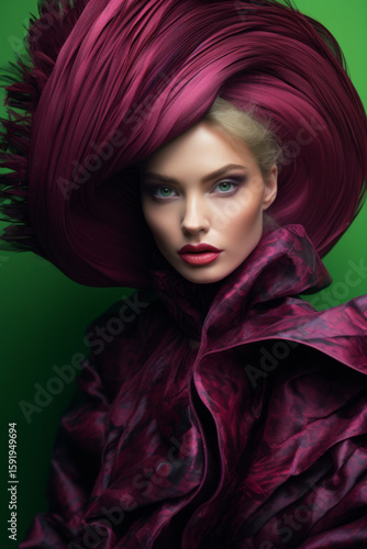 Stunning portrait of a model showcasing bold fashion and dramatic hairstyle against a vibrant green background