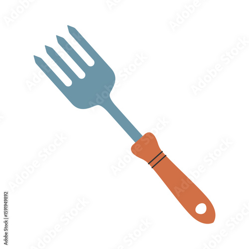 Hand rake. Small gardening tool for loosening soil and compost. Eco-friendly equipment. Vector illustration.
