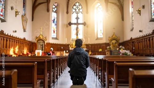 A person kneeling in prayer in a large church